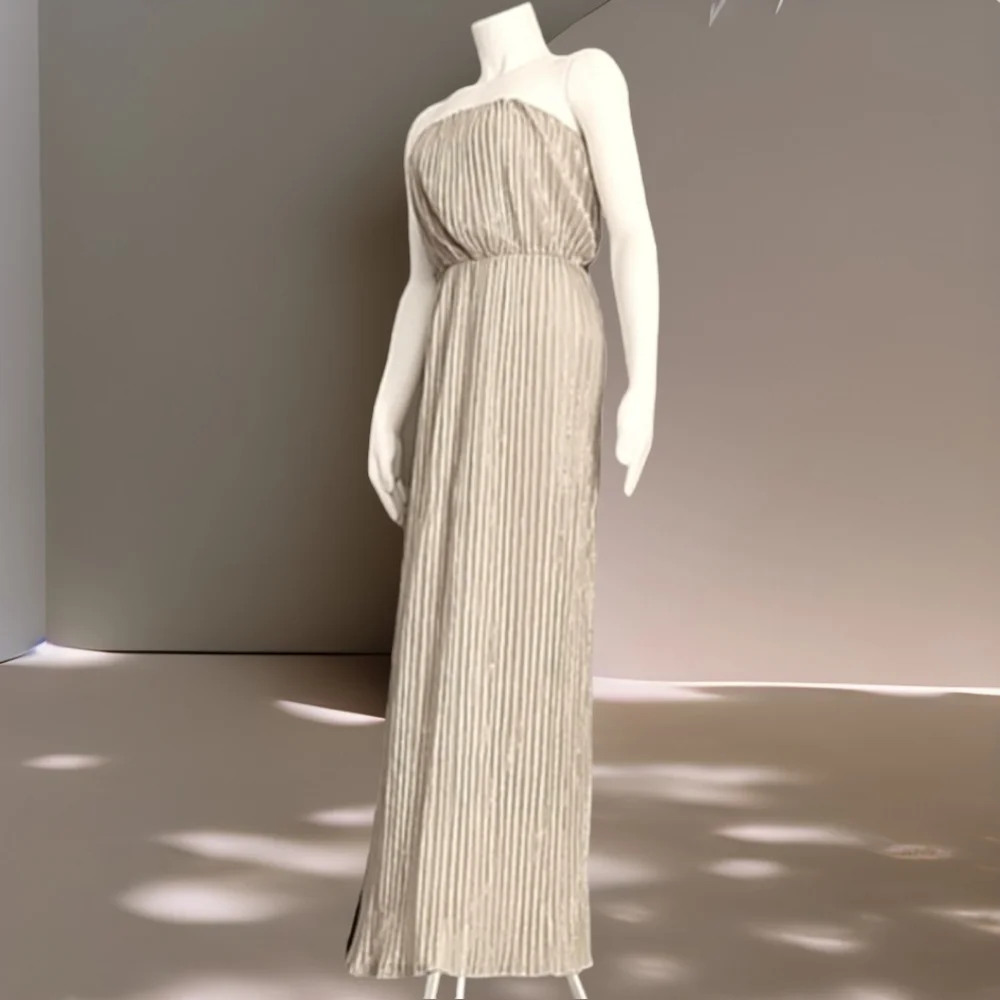 THE LIMITED Champagne Maxi Dress XS Shimmer Tube Top Strapless All Over Pleated
